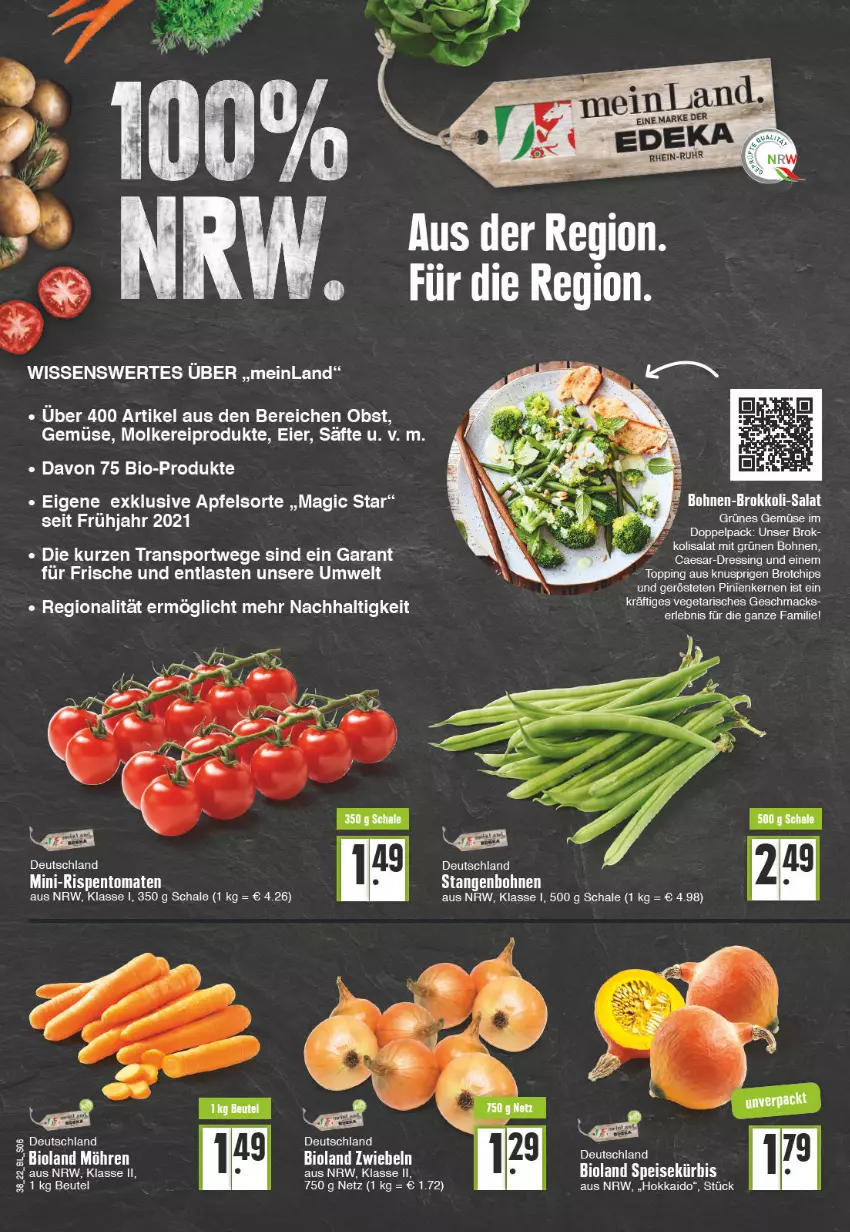 Aktueller Prospekt Edeka - Angebote der Woche - von 19.09 bis 24.09.2022 - strona 6 - produkty: apfel, bio, bioland, bohne, bohnen, brokkoli, brot, chips, dressing, eier, eis, Kürbis, mini-rispentomaten, molkereiprodukte, obst, pinienkerne, rispentomaten, säfte, salat, Schal, Schale, Sport, Ti, tomate, tomaten, uhr, zwiebel, zwiebeln