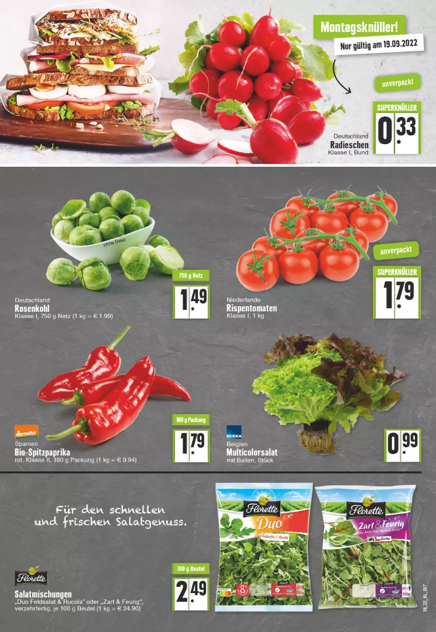 Aktueller Prospekt Edeka - Angebote der Woche - von 19.09 bis 24.09.2022 - strona 7 - produkty: ball, beutel, bio, cola, deka, elle, feldsalat, LG, nuss, paprika, radieschen, rispentomaten, rosen, Rosenkohl, rucola, salat, Spitzpaprika, Ti, tomate, tomaten