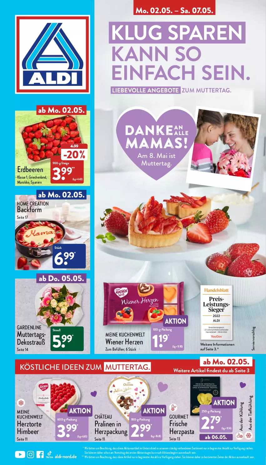 Aktueller Prospekt Aldi Nord - Aldi-Vorschau - von 02.05 bis 07.05.2022 - strona 1 - produkty: aldi, angebot, angebote, aus der tiefkühlung, Backform, beere, beeren, erdbeere, erdbeeren, gin, himbeer, kuchen, mam, pasta, pralinen, Ti, torte, wiener, ZTE