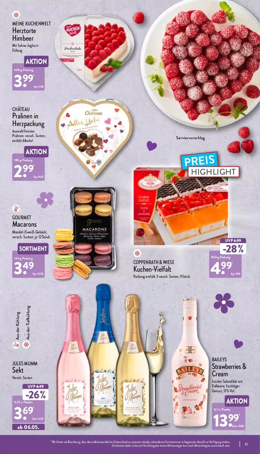 Aktueller Prospekt Aldi Nord - Aldi-Vorschau - von 02.05 bis 07.05.2022 - strona 11 - produkty: alkohol, aus der tiefkühlung, baileys, beere, coppenrath, eis, erdbeere, flasche, frucht, gin, himbeer, joghur, joghurt, jules mumm, kuchen, likör, mac, Macarons, mandel, mumm, nuss, pralinen, reis, sahne, sekt, Ti, torte, ZTE