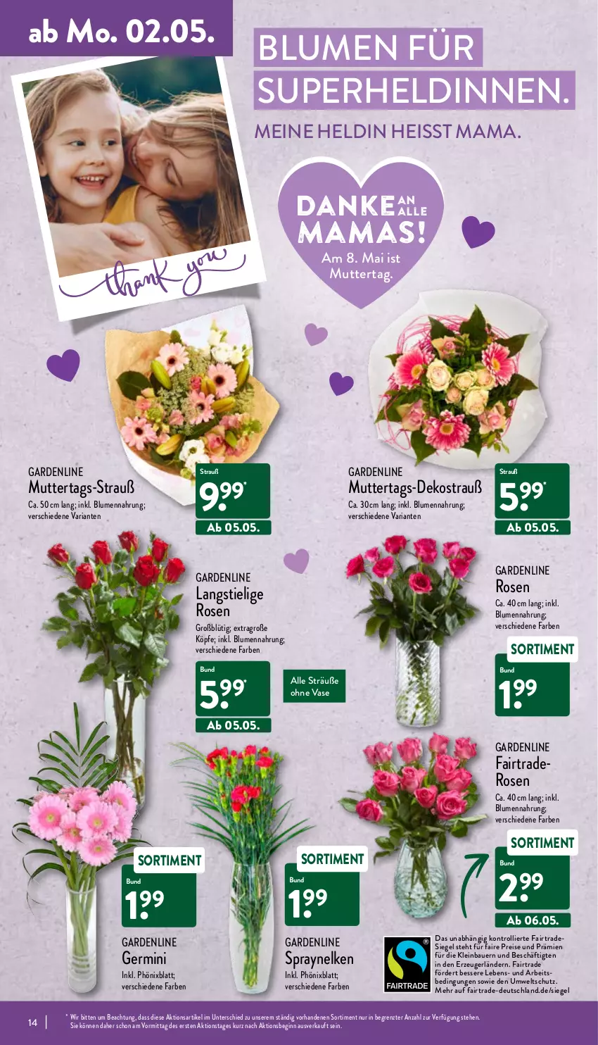 Aktueller Prospekt Aldi Nord - Aldi-Vorschau - von 02.05 bis 07.05.2022 - strona 14 - produkty: auer, Bau, Bauer, blume, blumen, eis, Germ, gin, mam, reis, Ria, rosen, Ti, trolli, Vase, ZTE