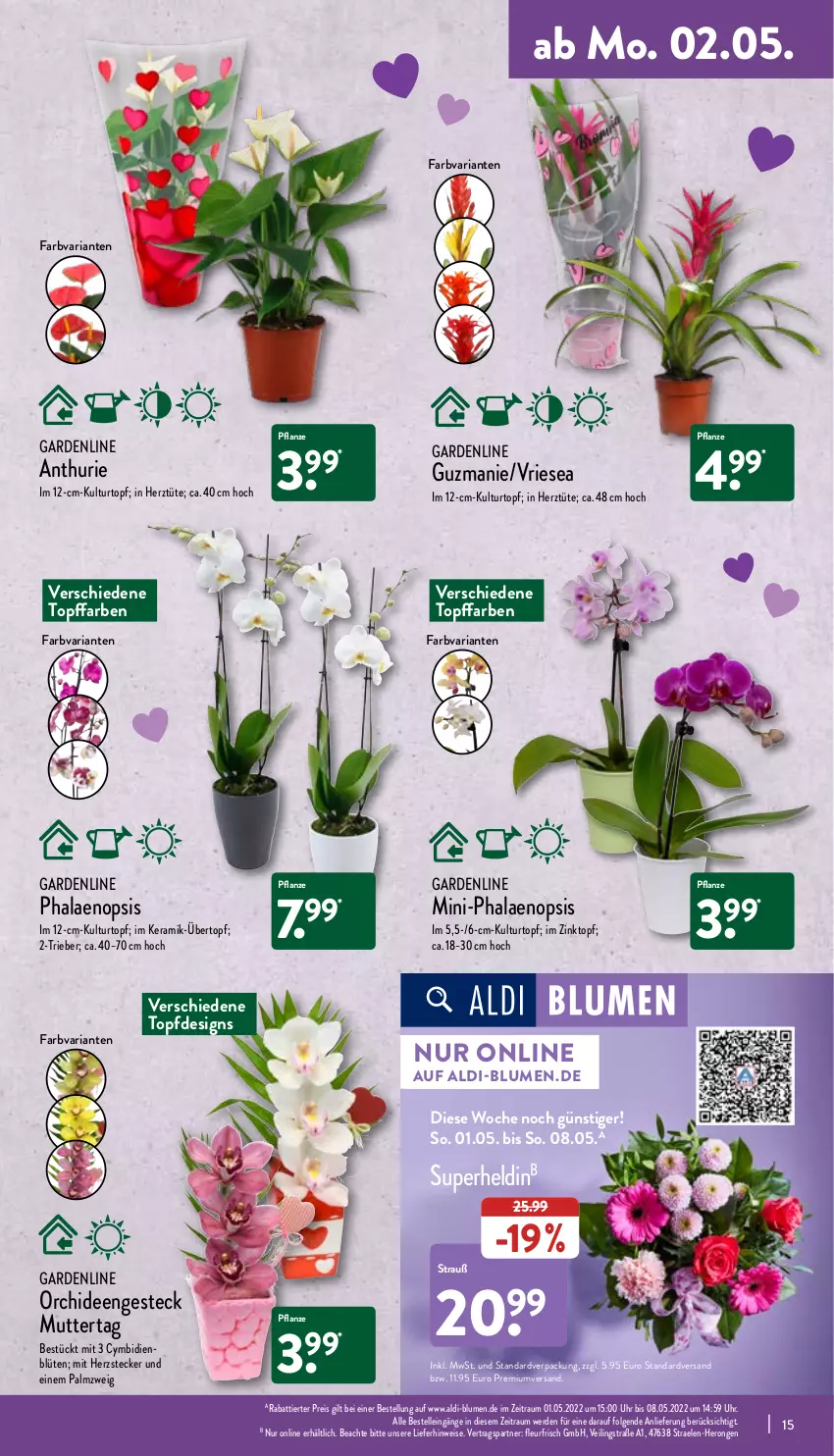 Aktueller Prospekt Aldi Nord - Aldi-Vorschau - von 02.05 bis 07.05.2022 - strona 15 - produkty: aldi, blume, blumen, Blüte, Brei, eis, elle, erde, gin, hero, kulturtopf, LG, orchidee, orchideen, pflanze, phalaenopsis, reis, Ria, Ti, topf, Tüte, übertopf, uhr