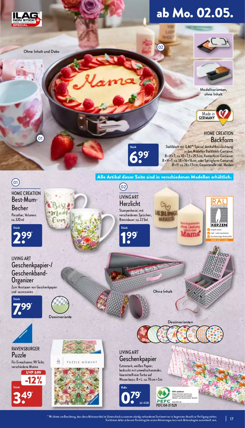 Aktueller Prospekt Aldi Nord - Aldi-Vorschau - von 02.05 bis 07.05.2022 - strona 17 - produkty: ACC, accessoires, auer, Backform, Becher, burger, Container, dell, eier, elle, Germ, Geschenkpapier, gin, ilag, kerze, Mode, papier, Puzzle, ravensburger, Ria, ring, Springform, Ti, wasser, ZTE