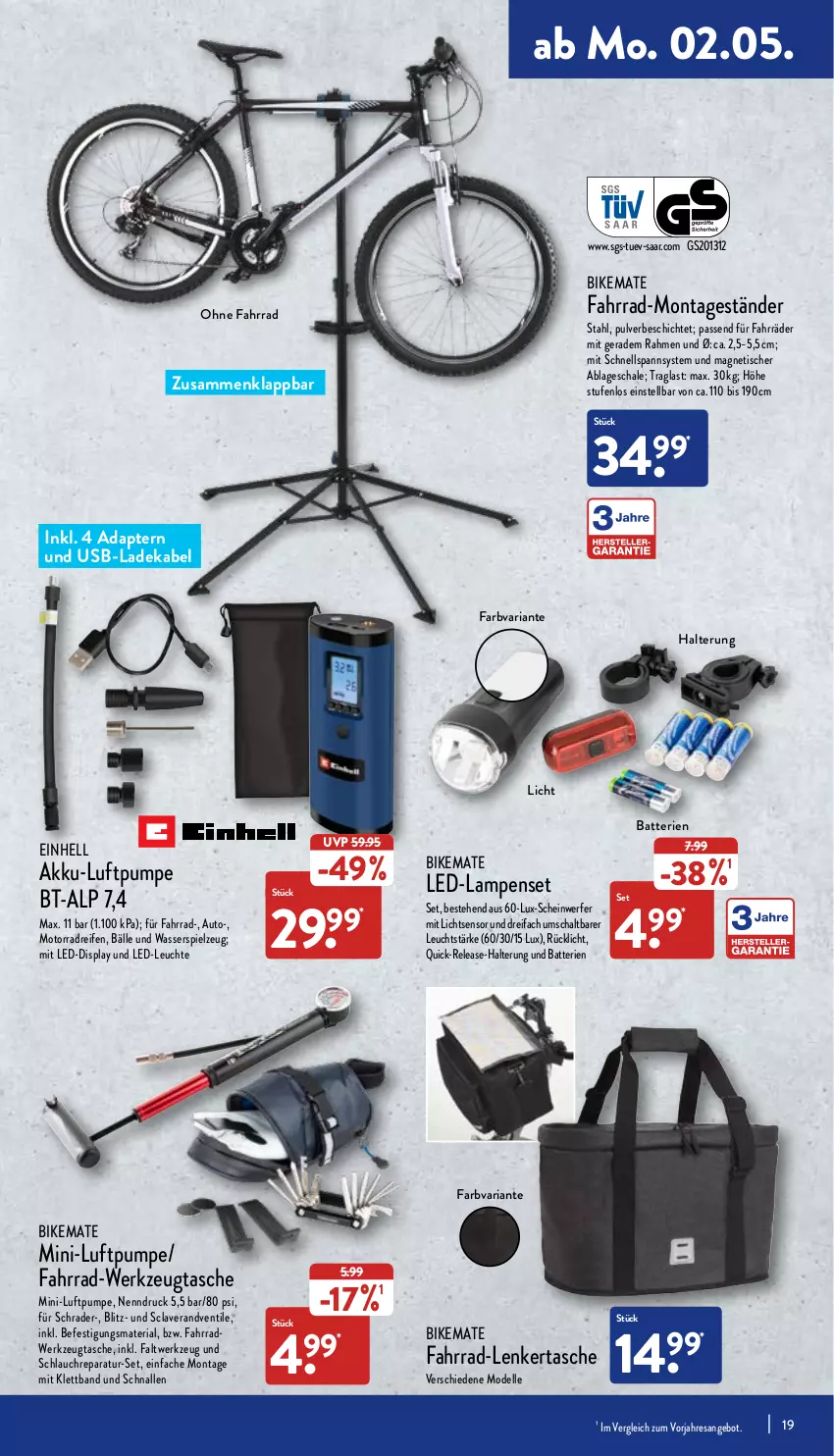 Aktueller Prospekt Aldi Nord - Aldi-Vorschau - von 02.05 bis 07.05.2022 - strona 19 - produkty: adapter, akku, angebot, auto, batterie, batterien, deka, dell, einhell, elle, Fahrrad, ladekabel, Lampe, lavera, LED-Leuchte, Leuchte, Mode, reifen, rel, resa, Ria, rücklicht, Schal, Schale, schlauch, spielzeug, Tasche, Ti, tisch, usb, wasser, werkzeug