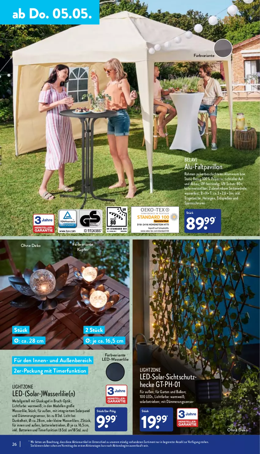 Aktueller Prospekt Aldi Nord - Aldi-Vorschau - von 02.05 bis 07.05.2022 - strona 26 - produkty: Abba, batterie, batterien, Bau, dell, elle, Faltpavillon, Garten, gin, Glaskugel, hering, Kugel, leds, leine, LG, lightzone, Mode, pavillon, Ria, ring, Tasche, Ti, timer, tragetasche, uv-schutz, wasser, ZTE