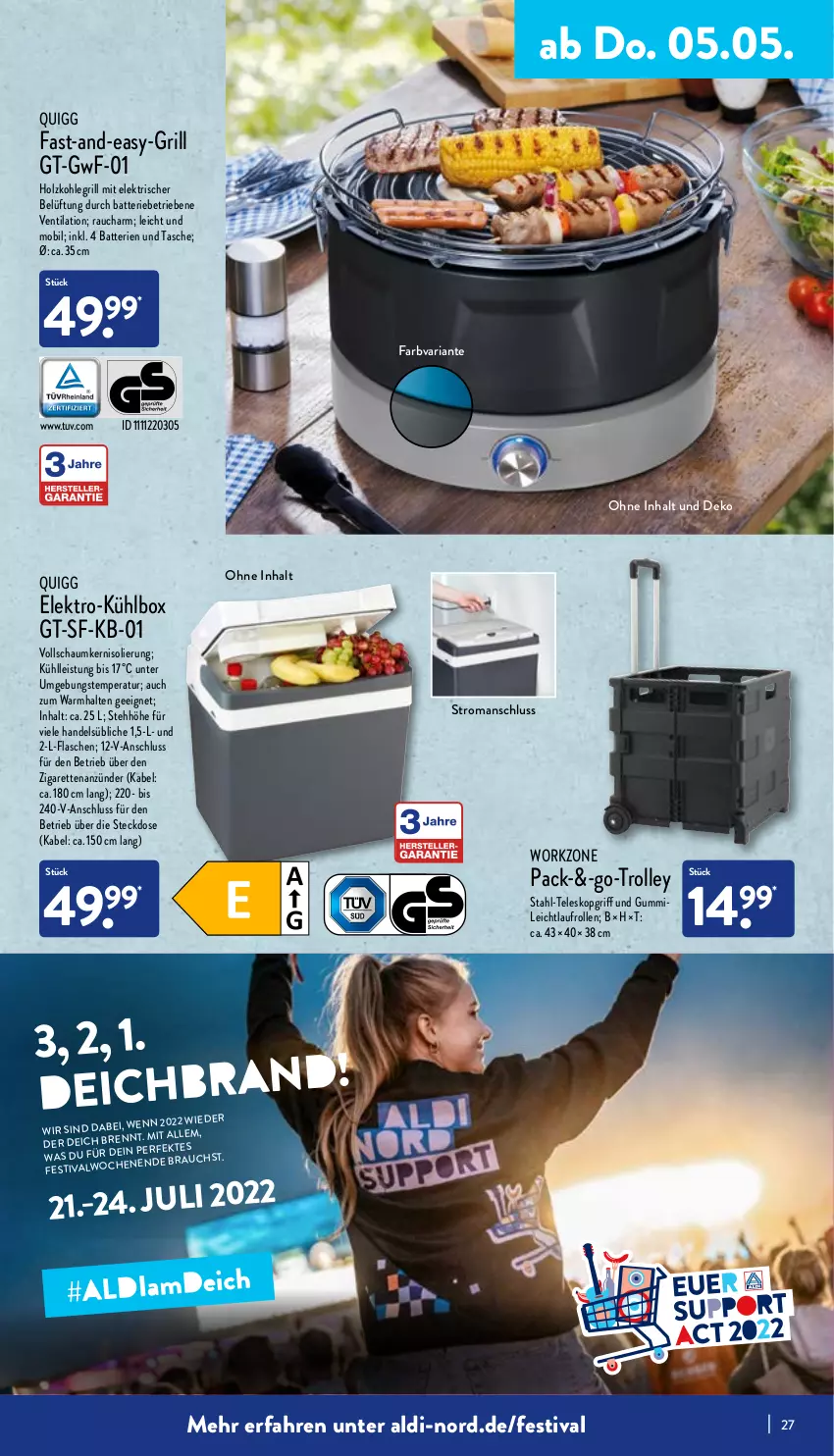 Aktueller Prospekt Aldi Nord - Aldi-Vorschau - von 02.05 bis 07.05.2022 - strona 27 - produkty: aldi, anzünder, batterie, batterien, eis, Elektro, flasche, grill, Holz, holzkohle, holzkohlegrill, Kohlegrill, kühlbox, quigg, Rauch, Ria, steckdose, Tasche, Teleskop, Ti, trolley