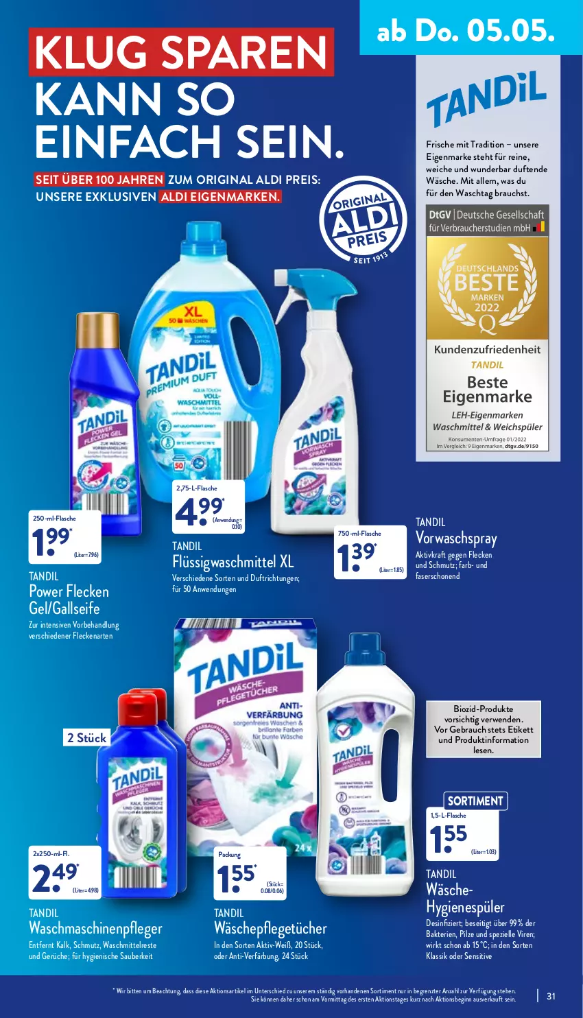 Aktueller Prospekt Aldi Nord - Aldi-Vorschau - von 02.05 bis 07.05.2022 - strona 31 - produkty: aldi, bio, eis, elle, flasche, gin, hygienespüler, kraft, Maschinenpfleger, pilze, Rauch, reis, rwe, Seife, Spezi, Ti, tücher, waschmaschine, waschmaschinen, waschmittel, ZTE