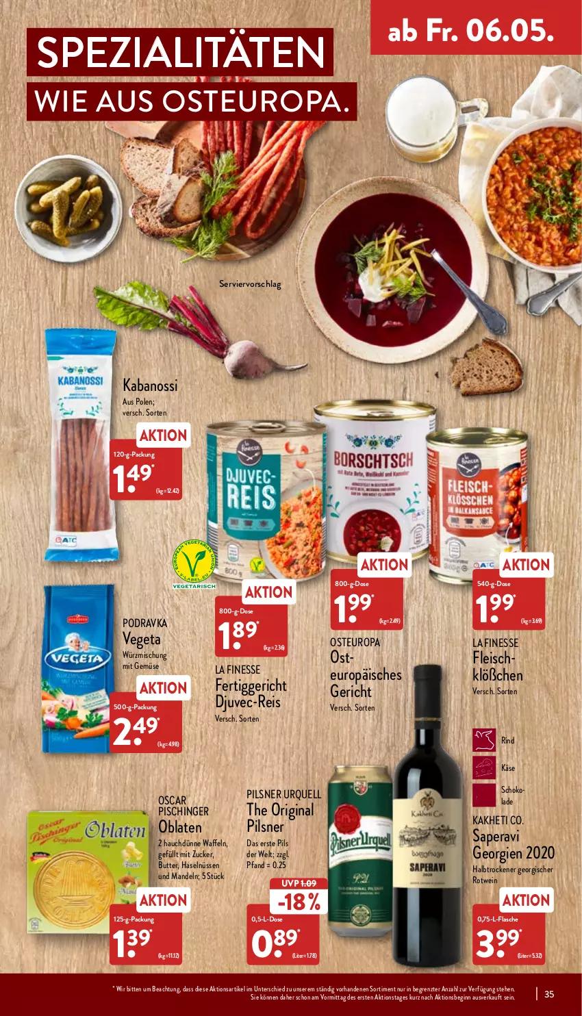 Aktueller Prospekt Aldi Nord - Aldi-Vorschau - von 02.05 bis 07.05.2022 - strona 35 - produkty: butter, Djuvec, eis, fertiggericht, finesse, flasche, fleisch, gin, kabanos, Käse, mandel, mandeln, mit gemüse, Oblaten, pils, pilsner, pilsner urquell, reis, rind, rotwein, schoko, schokolade, Spezi, Ti, Vegeta, waffeln, wein, ZTE, zucker