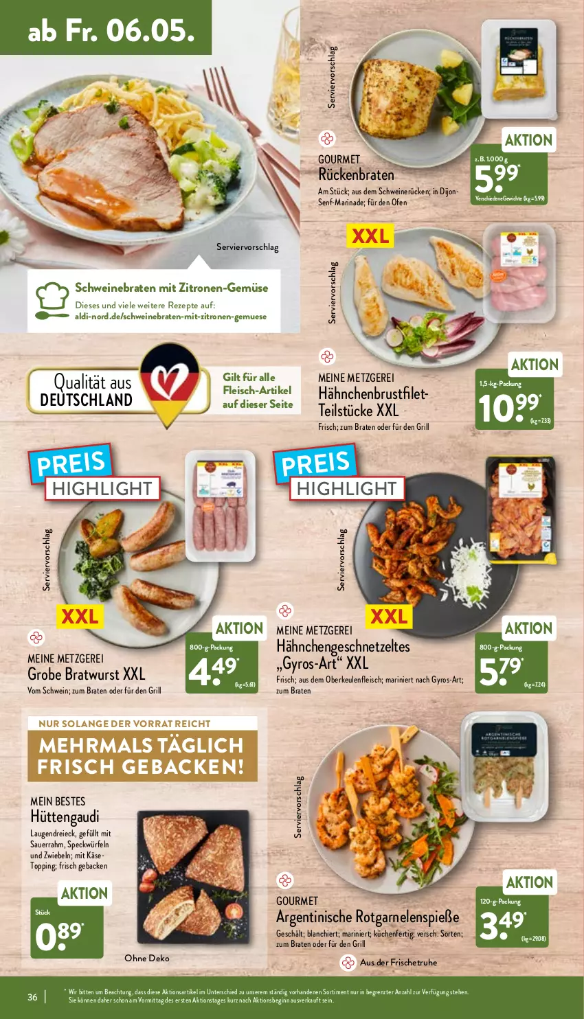 Aktueller Prospekt Aldi Nord - Aldi-Vorschau - von 02.05 bis 07.05.2022 - strona 36 - produkty: aldi, auer, braten, bratwurst, brustfilet, eis, filet, fleisch, garnelen, geback, geschnetzeltes, gin, grill, gyros, hähnchenbrust, hähnchenbrustfilet, Käse, küche, Küchen, marinade, Ofen, reis, rezept, rezepte, Rückenbraten, Sauerrahm, schwein, schweine, schweinebraten, schweinerücken, senf, Speck, Ti, wein, weine, würfel, wurst, Zelt, zitrone, zitronen, ZTE, zwiebel, zwiebeln