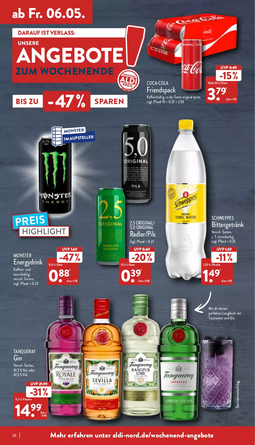 Aktueller Prospekt Aldi Nord - Aldi-Vorschau - von 02.05 bis 07.05.2022 - strona 38 - produkty: aldi, angebot, angebote, coca-cola, cola, drink, eis, elle, flasche, getränk, gin, monster, Monster Energy, pils, radler, reis, schweppes, Tanqueray, teller, Ti, tonic