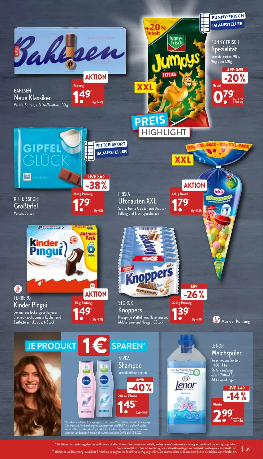 Aktueller Prospekt Aldi Nord - Aldi-Vorschau - von 02.05 bis 07.05.2022 - strona 39 - produkty: bahlsen, beutel, brause, creme, eier, eis, elle, ferrero, flasche, frucht, funny-frisch, gin, haarpflege, Kinder, kinder pingui, knoppers, kuchen, lenor, lenor weichspüler, mac, milch, nivea, nuss, Oblaten, pingui, reis, ritter, ritter sport, schoko, schokolade, shampoo, Spezi, Sport, storck, teller, Ti, Trockenshampoo, waffeln, weichspüler, Zartbitterschokolade, ZTE