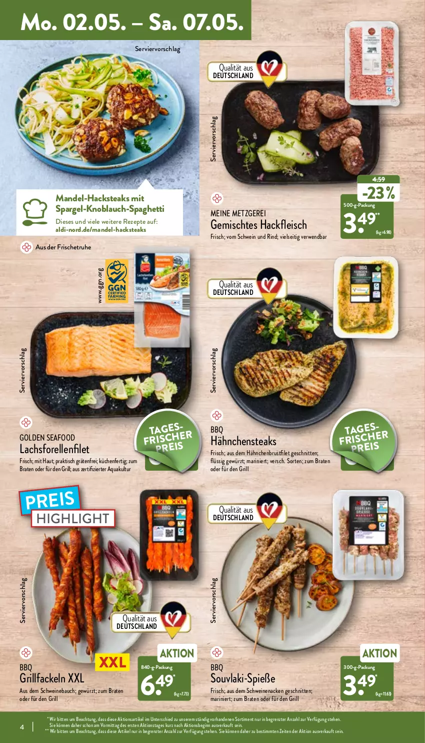 Aktueller Prospekt Aldi Nord - Aldi-Vorschau - von 02.05 bis 07.05.2022 - strona 4 - produkty: aldi, aqua, Bau, braten, brustfilet, eis, elle, filet, fleisch, forelle, gewürz, gin, grill, grillfackeln, hackfleisch, hähnchenbrust, hähnchenbrustfilet, Hähnchensteak, hähnchensteaks, knoblauch, küche, Küchen, lachs, mandel, reis, rel, rezept, rezepte, rind, rwe, schnitten, schwein, schwein und rind, schweine, Schweinebauch, schweinenacken, spaghetti, spargel, steak, steaks, Ti, tisch, vom schwein und rind, wein, weine, ZTE