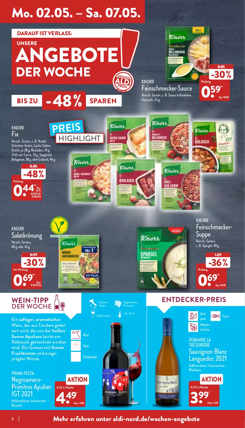 Aktueller Prospekt Aldi Nord - Aldi-Vorschau - von 02.05 bis 07.05.2022 - strona 6 - produkty: aldi, amaro, angebot, angebote, asti, bolognese, chili, decke, eis, feinschmecker, fisch, flasche, frucht, früchte, gulasch, hollandaise, Käse, knorr, knorr fix, lachs, meeresfrüchte, nudel, nuss, primitivo, reis, rind, rotwein, rouladen, saft, sahne, salat, sauce, sauce hollandaise, sauvignon, sauvignon blanc, schinken, schoko, schokolade, spaghetti, spaghetti bolognese, spargel, suppe, Ti, tisch, trauben, wein, Weißwein