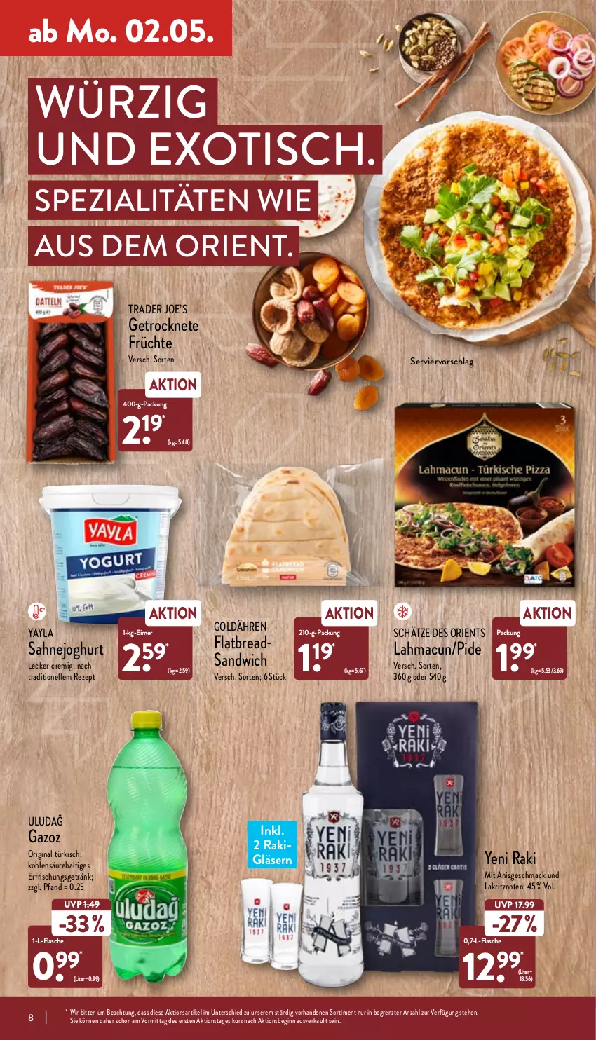 Aktueller Prospekt Aldi Nord - Aldi-Vorschau - von 02.05 bis 07.05.2022 - strona 8 - produkty: eimer, elle, erfrischungsgetränk, flasche, früchte, getränk, gin, Gläser, joghur, joghurt, Lakritz, mac, rezept, sahne, Sahnejoghurt, sandwich, Spezi, Ti, tisch, yeni raki, ZTE