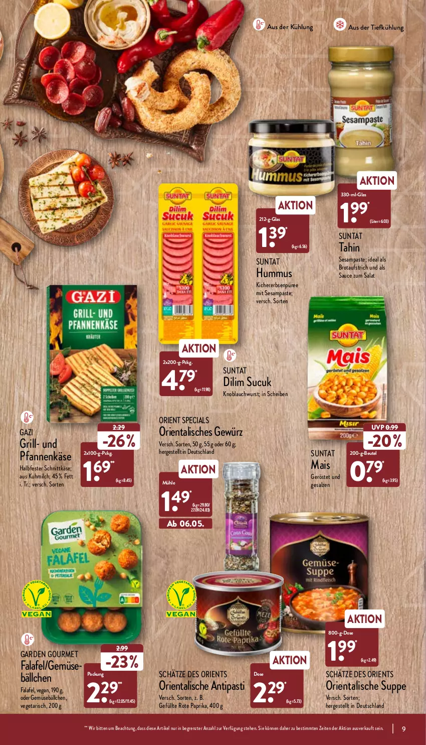 Aktueller Prospekt Aldi Nord - Aldi-Vorschau - von 02.05 bis 07.05.2022 - strona 9 - produkty: antipasti, asti, aufstrich, aus der tiefkühlung, beutel, brot, brotaufstrich, erbsen, Falafel, garden gourmet, gewürz, grill, halbfester schnittkäse, hummus, Käse, kichererbsen, knoblauch, mais, milch, paprika, pfanne, pfannen, pfannenkäse, püree, salat, salz, sauce, schnittkäse, sesam, Sucuk, suppe, Ti, und pfanne, Vegeta, wurst, ZTE