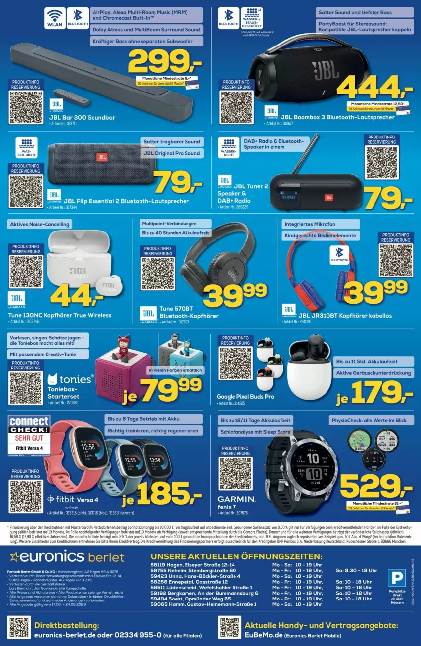 Aktueller Prospekt Euronics - Prospekte - von 21.06 bis 28.06.2023 - strona 12 - produkty: akku, alexa, angebot, angebote, bluetooth-lautsprecher, eis, elle, ente, fitbit, Fitbit Versa, garmin, gin, Handy, jbl, kopfhörer, lautsprecher, mac, Puppe, Radio, reis, rel, Subwoofer, tee, Ti, Toniebox, uhr