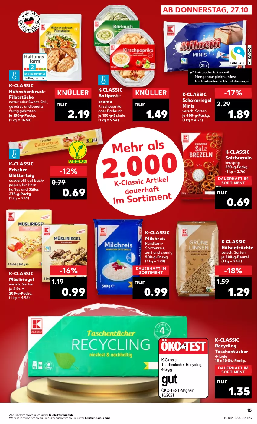 Aktueller Prospekt Kaufland - von 27.10 bis 02.11.2022 - strona 15 - produkty: angebot, angebote, antipasti, asti, auer, beutel, blätterteig, braten, brezel, Brezeln, brustfilet, chili, Clin, creme, eis, filet, filets, früchte, gewürz, hähnchenbrust, hähnchenbrustfilet, HP, hülsenfrüchte, kakao, kirsch, korn, Kornspitz, milch, milchreis, müsli, Müsliriegel, natur, ndk, papier, paprika, reis, riegel, salz, Schal, Schale, schoko, schokoriegel, senf, Tasche, taschen, taschentücher, Ti, tücher