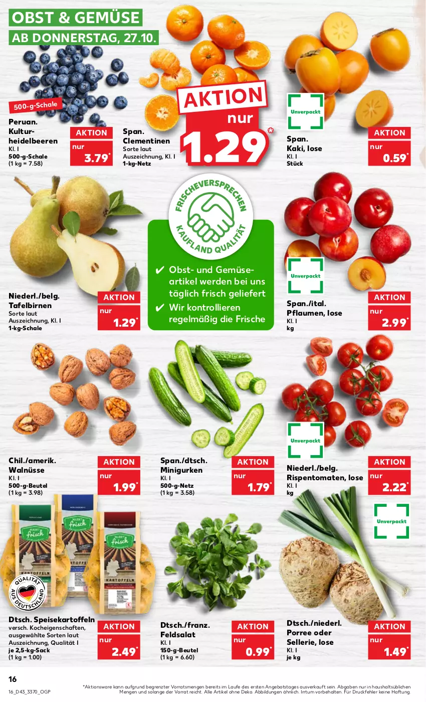 Aktueller Prospekt Kaufland - von 27.10 bis 02.11.2022 - strona 16 - produkty: angebot, beere, beeren, beutel, Birnen, clementinen, eis, elle, erde, feldsalat, gurke, gurken, heidelbeere, heidelbeeren, Kaki, kartoffel, kartoffeln, LG, obst, pflaume, pflaumen, rispentomaten, sac, salat, Schal, Schale, speisekartoffeln, tafelbirnen, Ti, tomate, tomaten, trolli, und gemüse, ZTE