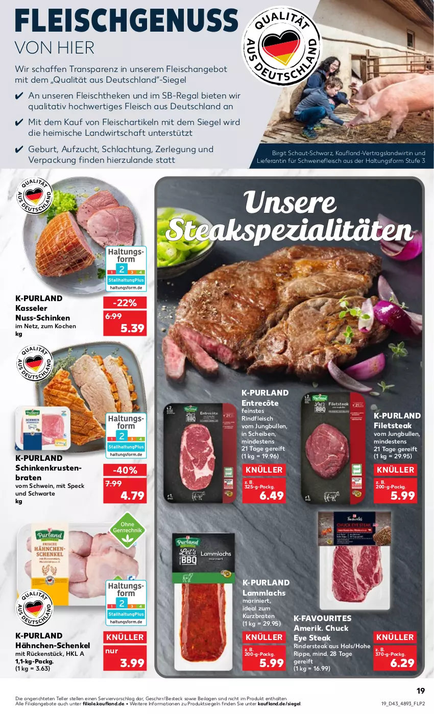 Aktueller Prospekt Kaufland - von 27.10 bis 02.11.2022 - strona 19 - produkty: angebot, angebote, besteck, braten, eis, elle, entrecôte, filet, filets, fleisch, geschirr, hähnchen-schenkel, henkel, ilag, jungbullen, kasseler, krustenbraten, lachs, lamm, nuss, purland, regal, rind, rinder, Rindersteak, rindfleisch, schenkel, schinken, schwein, schweine, schweinefleisch, Speck, Spezi, steak, steaks, teller, Ti, wein, weine