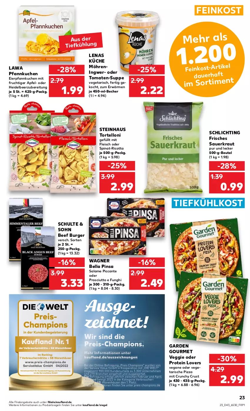 Aktueller Prospekt Kaufland - von 27.10 bis 02.11.2022 - strona 23 - produkty: angebot, angebote, apfel, auer, Becher, beef, beutel, burger, champion, eier, eis, feinkost, fleisch, frucht, garden gourmet, ingwer, Kraut, küche, kuchen, LG, mit frucht, möhren, Pfannkuchen, pizza, pril, prosciutto, Rauch, reis, ricotta, Sauerkraut, spinat, steinhaus, suppe, Ti, tiefkühlkost, tomate, tomaten, torte, tortelloni, Vegeta, veggie, wagner