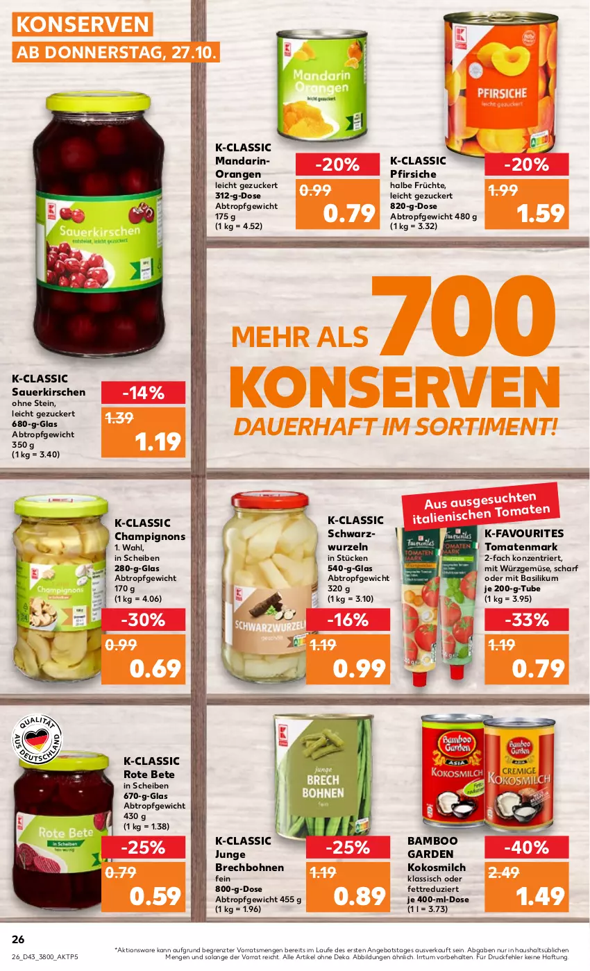 Aktueller Prospekt Kaufland - von 27.10 bis 02.11.2022 - strona 26 - produkty: angebot, auer, bamboo, basilikum, bohne, bohnen, champignon, champignons, früchte, kirsch, kirsche, kirschen, kokos, kokosmilch, Konserven, milch, orange, orangen, pfirsich, pfirsiche, rote bete, sauerkirschen, Ti, tomate, tomaten, tomatenmark, ZTE, zucker