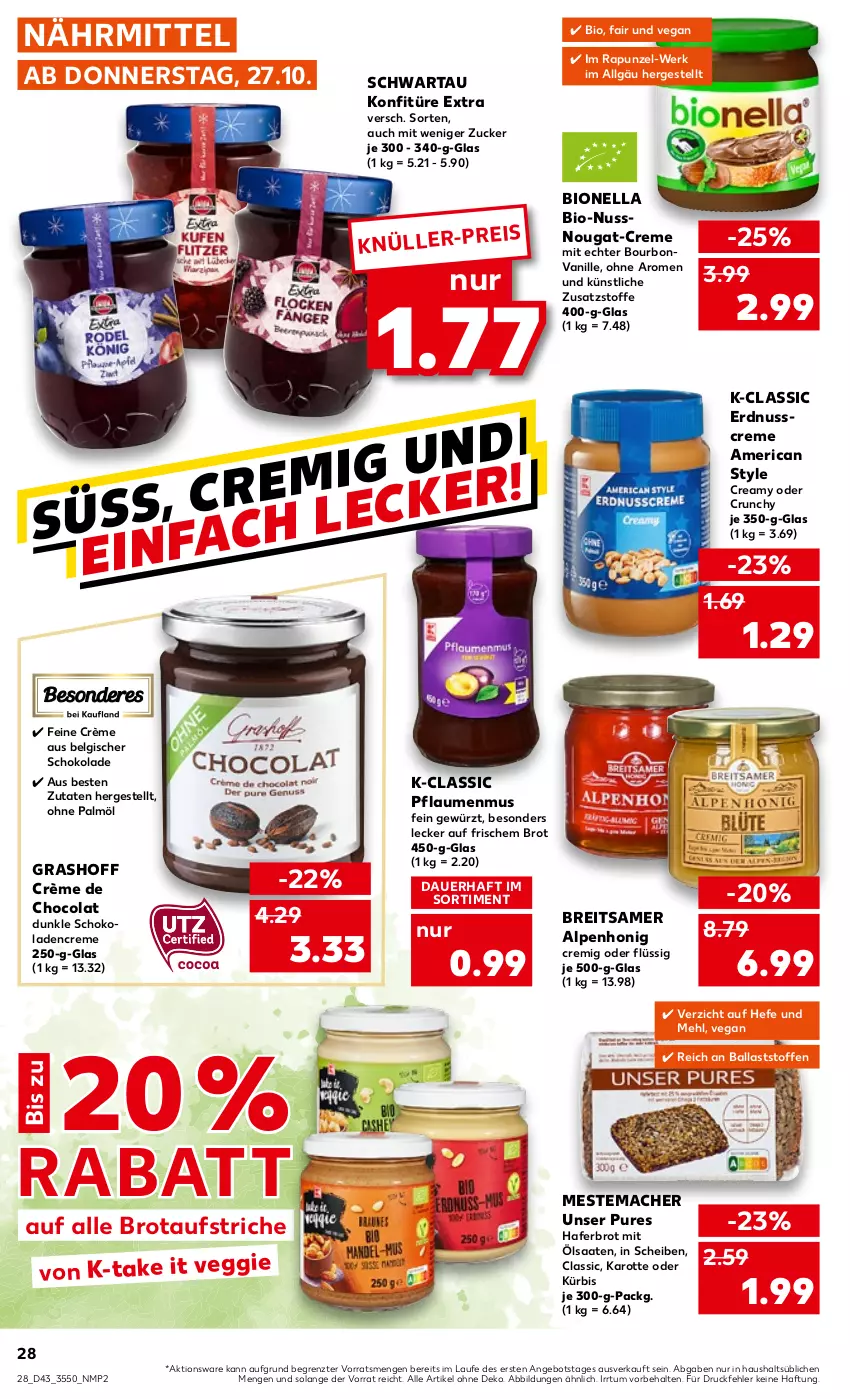 Aktueller Prospekt Kaufland - von 27.10 bis 02.11.2022 - strona 28 - produkty: angebot, auer, aufstrich, ball, bio, bourbon, bourbonvanille, Brei, brot, brotaufstrich, brotaufstriche, cola, creme, eis, erdnuss, gewürz, hafer, Hefe, honig, konfitüre, konfitüre extra, Kürbis, LG, mac, mehl, mestemacher, nuss, ohne palmöl, pflaume, pflaumen, pflaumenmus, schoko, schokolade, schokoladen, Schwartau, Ti, vanille, veggie, ZTE, zucker