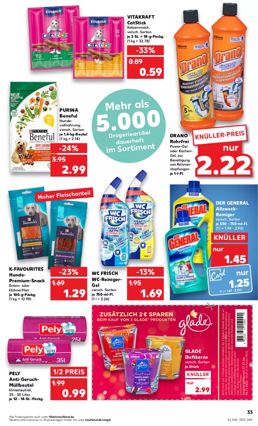 Aktueller Prospekt Kaufland - von 27.10 bis 02.11.2022 - strona 33 - produkty: allzweckreiniger, angebot, angebote, auer, beutel, Duftkerze, eis, Engel, ente, filet, fleisch, Glade, hühner, Hühnerfilet, katzensnack, kerze, kraft, küche, Küchen, müllbeutel, nerf, pely, power-gel, purina, reiniger, reis, snack, Ti, topf, vita, vitakraft, wc frisch, wc-reiniger, weck