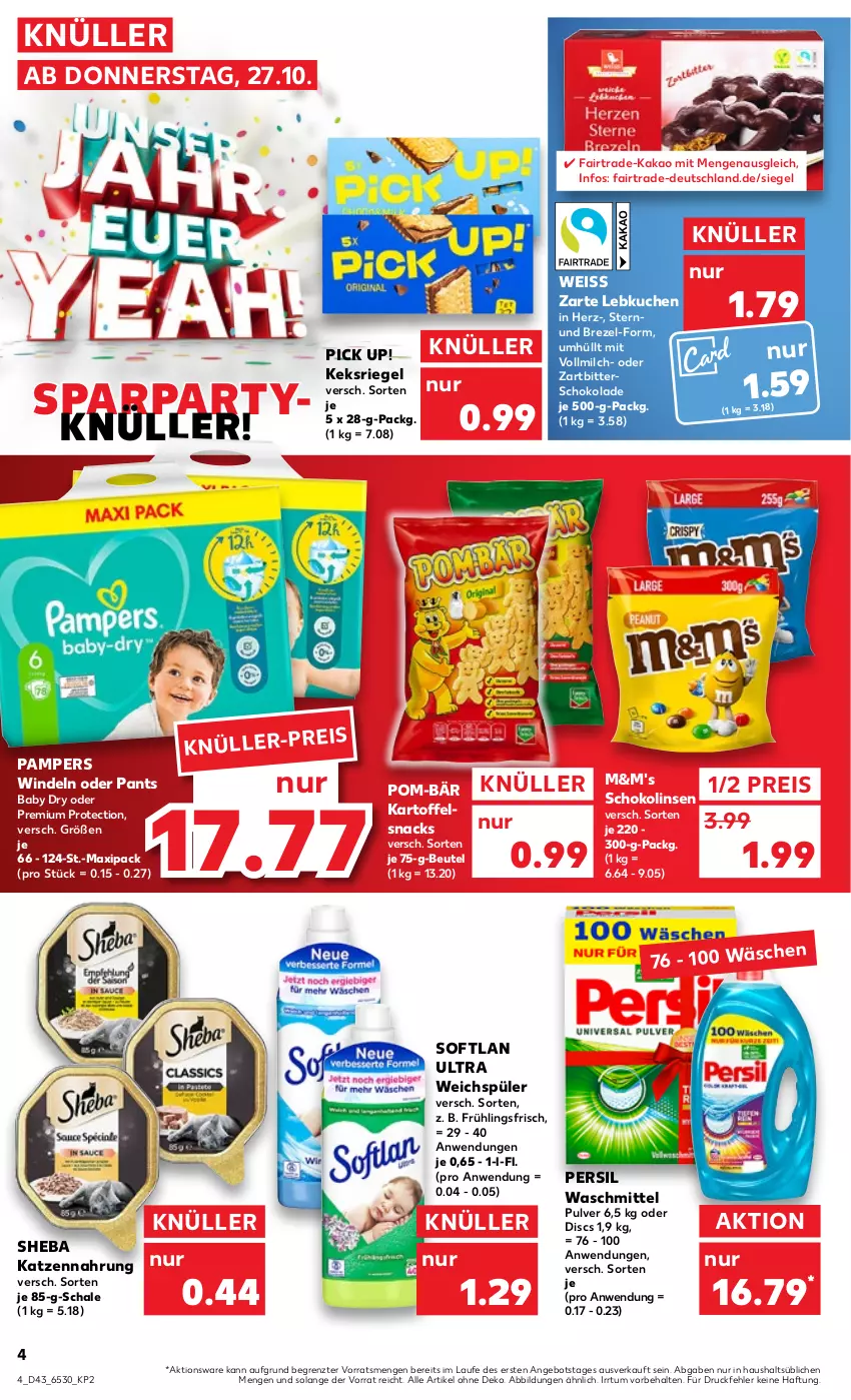 Aktueller Prospekt Kaufland - von 27.10 bis 02.11.2022 - strona 4 - produkty: angebot, beutel, brezel, eis, kakao, kartoffel, katzennahrung, keks, kuchen, Lebkuchen, linsen, milch, pampers, Pants, persil, persil waschmittel, Pick Up!, pom-bär, reis, riegel, Schal, Schale, schoko, schokolade, Schokolinsen, sheba, snack, snacks, Softlan, Ti, vollmilch, waschmittel, weichspüler, windeln, windeln oder pants, Zartbitterschokolade, ZTE