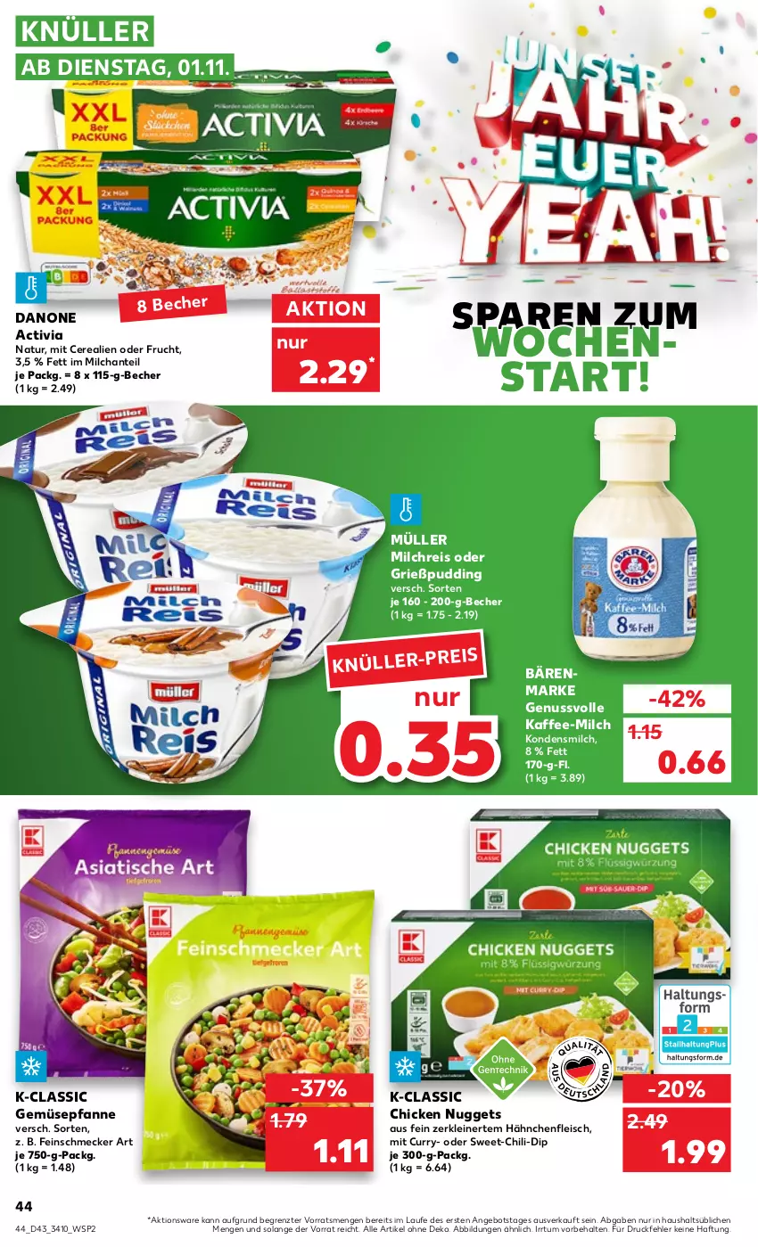 Aktueller Prospekt Kaufland - von 27.10 bis 02.11.2022 - strona 44 - produkty: activia, angebot, bärenmarke, Becher, cerealien, chicken nuggets, chili, curry, danone, danone activia, dip, eis, feinschmecker, fleisch, frucht, Grießpudding, Hähnchenfleisch, kaffee, kondensmilch, leine, milch, milchreis, Müller, natur, nuggets, nuss, pfanne, pudding, reis, Ti, ZTE