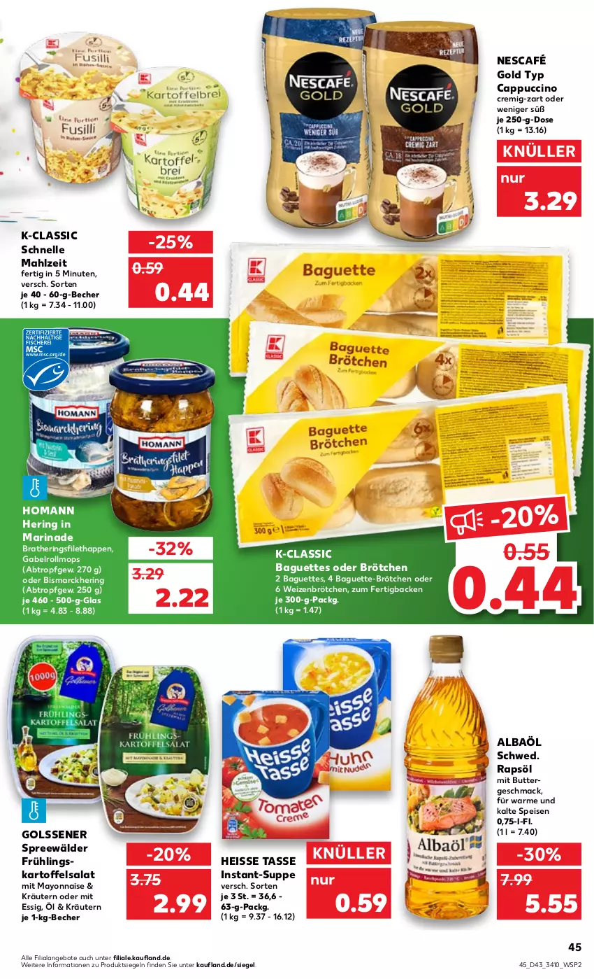 Aktueller Prospekt Kaufland - von 27.10 bis 02.11.2022 - strona 45 - produkty: angebot, angebote, baguette, baguettes, Becher, bismarck, brötchen, butter, Cap, cappuccino, cin, eis, elle, essig, filet, gabel, hering, Herings, homann, kartoffel, kartoffelsalat, kräuter, kräutern, mac, marinade, mayonnaise, Nescafé, nescafé gold, rapsöl, ring, salat, spreewälder, suppe, tasse, Ti, weizenbrötchen, Yo