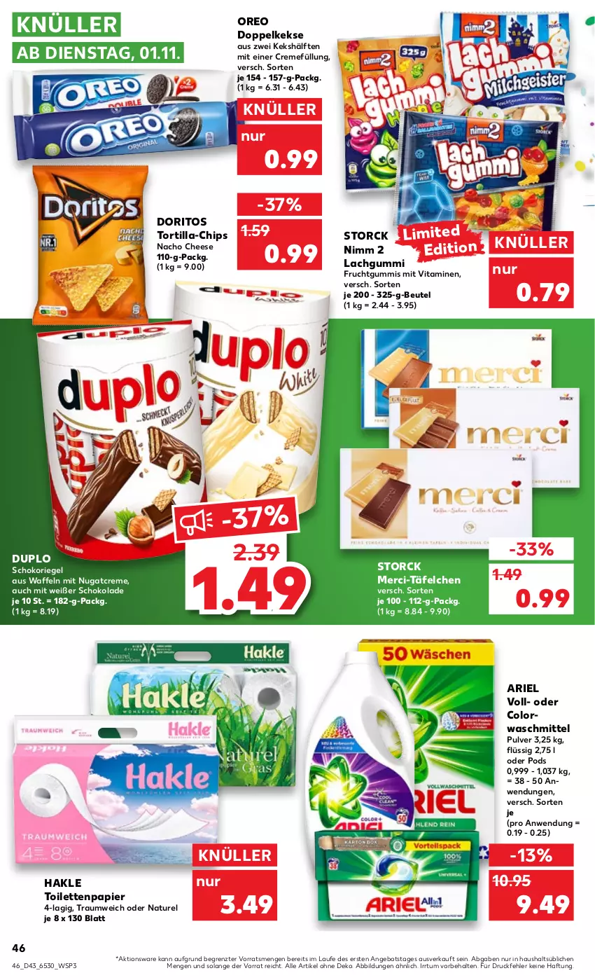 Aktueller Prospekt Kaufland - von 27.10 bis 02.11.2022 - strona 46 - produkty: angebot, ariel, beutel, chips, colorwaschmittel, creme, Doppelkekse, Doritos, duplo, frucht, fruchtgummi, fruchtgummis, hakle, hakle toilettenpapier, keks, kekse, lachgummi, merci, nacho, nacho cheese, natur, Nimm 2, oreo, papier, Pods, rel, riegel, schoko, schokolade, schokoriegel, storck, Ti, toilettenpapier, tortilla, vita, Vitamine, waffeln, waschmittel, ZTE