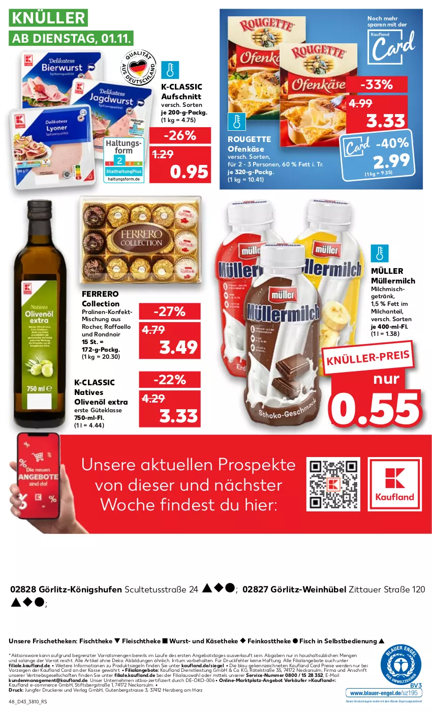 Aktueller Prospekt Kaufland - von 27.10 bis 02.11.2022 - strona 48 - produkty: angebot, angebote, auer, aufschnitt, bio, drucker, eis, elle, Engel, erde, feinkost, feinkosttheke, ferrero, fisch, fischtheke, fleisch, getränk, Käse, käsetheke, kerze, milch, Müller, müllermilch, natives olivenöl, Ofen, Ofenkäse, olive, oliven, olivenöl, olivenöl extra, pralinen, raffaello, reis, rouge, rougette, Ti, wein, wurst, ZTE