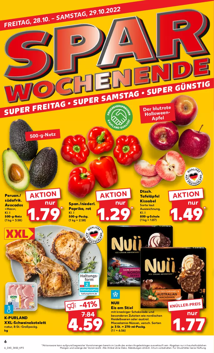 Aktueller Prospekt Kaufland - von 27.10 bis 02.11.2022 - strona 6 - produkty: angebot, apfel, aust, avocado, avocados, beere, beeren, eis, heidelbeere, heidelbeeren, kotelett, mac, macadamia, natur, nuii, paprika, purland, Schal, Schale, schoko, schokolade, schwein, schweine, schweinekotelett, tafeläpfel, Ti, wein, weine, ZTE