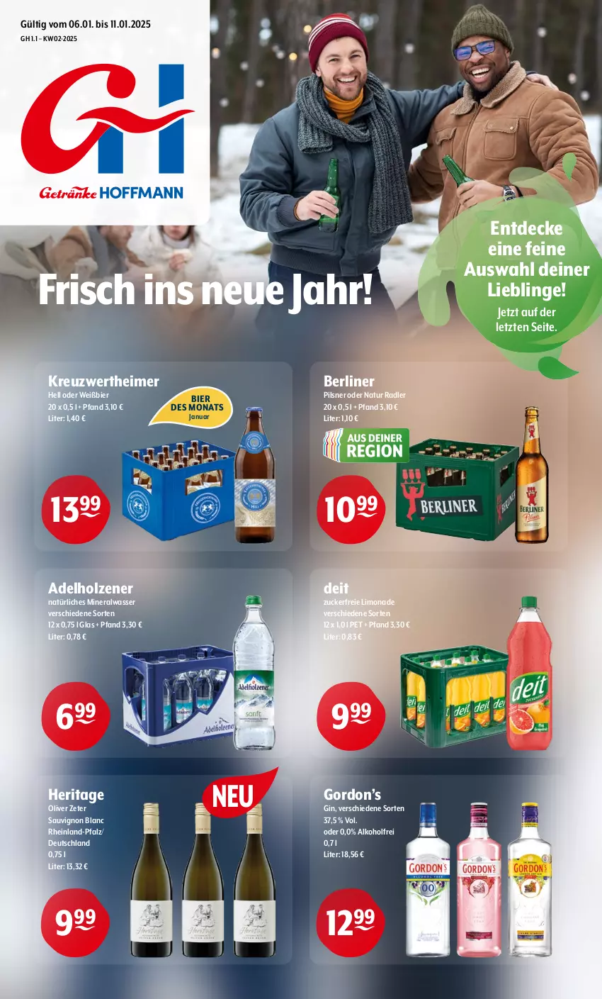 Aktueller Prospekt Getraenke Hoffmann - Prospekte - von 06.01 bis 11.01.2025 - strona 1 - produkty: adelholzener, alkohol, Alwa, berliner, bier, decke, deit, eimer, gin, gordon, Gordon’s, Holz, limo, limonade, mineralwasser, natur, natur radler, natürliches mineralwasser, olive, pils, pilsner, radler, sauvignon, sauvignon blanc, Ti, wasser, ZTE, zucker