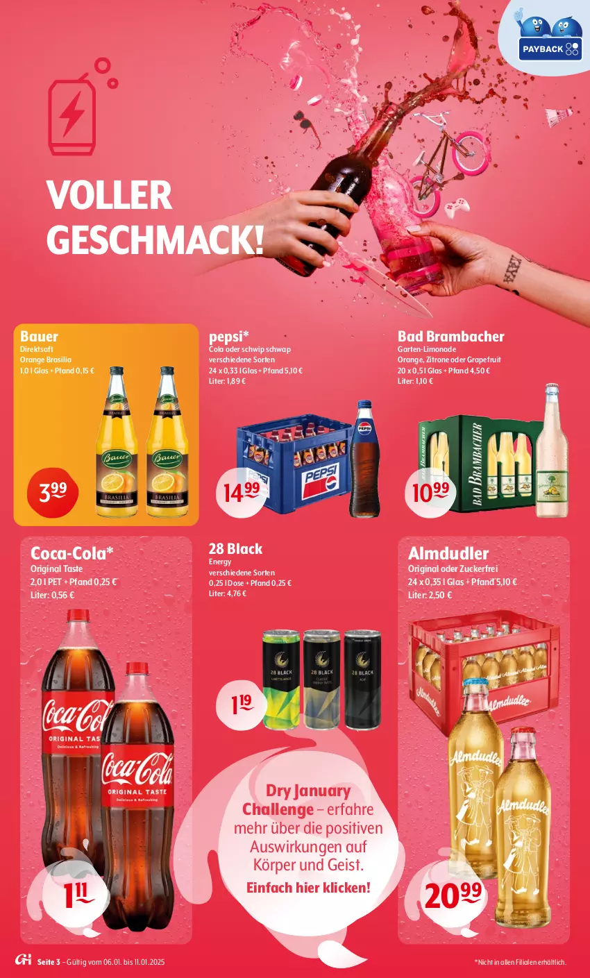 Aktueller Prospekt Getraenke Hoffmann - Prospekte - von 06.01 bis 11.01.2025 - strona 3 - produkty: almdudler, auer, Bad, Bau, Bauer, coca-cola, cola, direktsaft, eis, Garten, gin, grapefruit, lack, limo, limonade, mac, orange, pepsi, saft, Schwip Schwap, Ti, zitrone, zucker