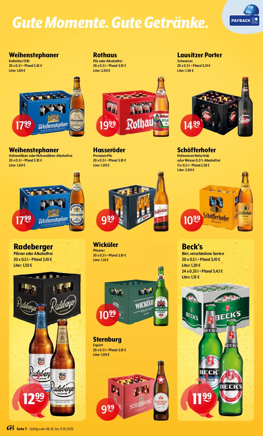 Aktueller Prospekt Getraenke Hoffmann - Prospekte - von 06.01 bis 11.01.2025 - strona 7 - produkty: alkohol, Berger, bier, elle, ente, getränk, getränke, hasseröder, Hefe, hefeweizen, kellerbier, natur, pils, pilsener, pilsner, premium pils, radeberger, radeberger pilsner, schöfferhofer, Sternburg, Ti, weihenstephan, WICK