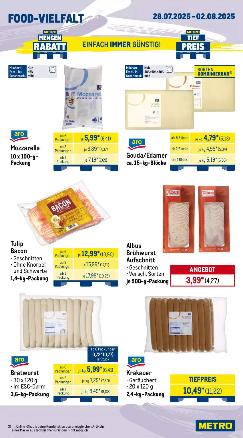 Aktueller Prospekt Metro - Wochen-Angebote Gastro - von 28.07 bis 02.08.2025 - strona 10 - produkty: angebot, auer, aufschnitt, bacon, beutel, blattspinat, bratwurst, Brühwurst, edamer, eis, eiswürfel, gewürz, gouda, kartoffel, krakauer, mac, milch, mozzarella, pfanne, pfannen, reis, rel, schnitten, spinat, Ti, tiefpreis, tulip, würfel, wurst, ZTE