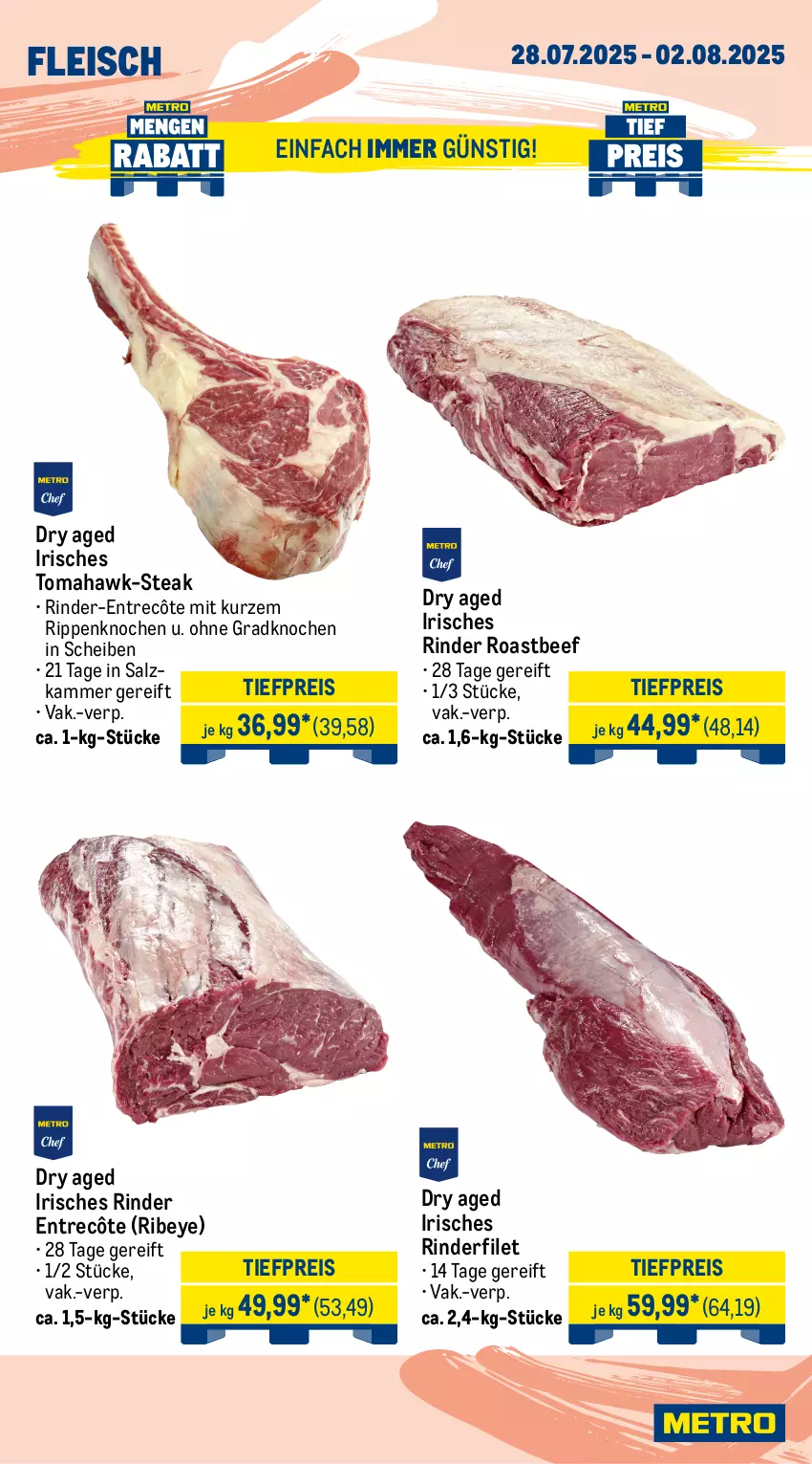Aktueller Prospekt Metro - Wochen-Angebote Gastro - von 28.07 bis 02.08.2025 - strona 4 - produkty: Abtei, angebot, angebote, aqua, beef, Dorade, dorade royal, eis, elle, entrecôte, filet, fisch, fischtheke, fleisch, forelle, frischfisch, lachs, Metro, reis, rel, rind, rinder, rinderfilet, Rippen, roastbeef, salz, steak, steaks, Ti, tiefpreis, Wild