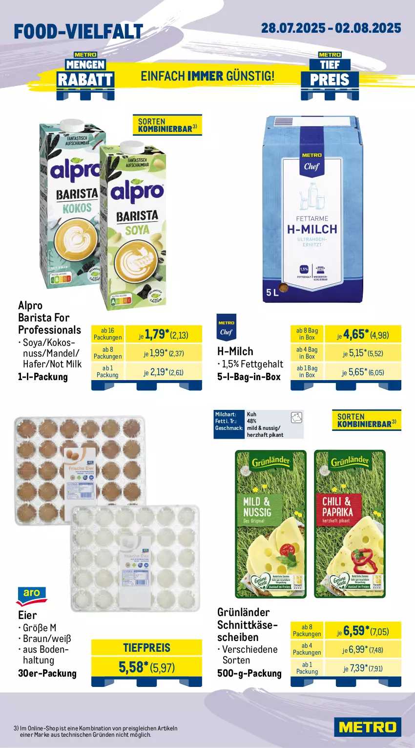 Aktueller Prospekt Metro - Wochen-Angebote Gastro - von 28.07 bis 02.08.2025 - strona 9 - produkty: alpro, bag-in-box, braun, eier, eis, grünländer, hafer, Käse, käsescheiben, kokos, kokosnuss, korb, mac, mandel, milch, nuss, obst, Pfifferlinge, pommes, Pommes Frites, Radicchio, reis, salat, salatherzen, schnittkäse, schnittkäsescheiben, soya, Ti, tiefpreis
