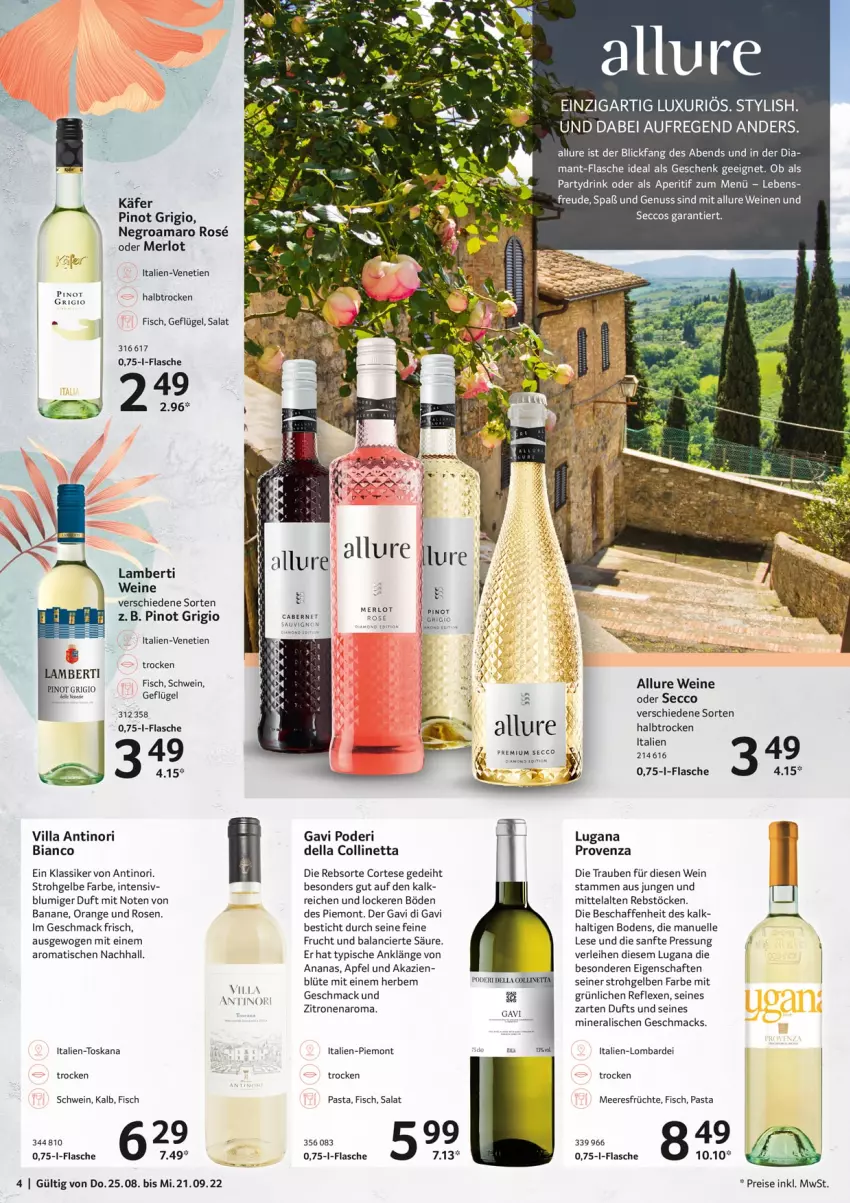 Aktueller Prospekt Selgros - Weine - von 25.08 bis 21.09.2022 - strona 4 - produkty: amaro, Amber, ananas, aperitif, apfel, banane, Blüte, cabernet, dell, drink, ecco, eis, elle, fisch, flasche, frucht, früchte, Geflügel, käfer, mac, meeresfrüchte, merl, merlot, nuss, orange, pasta, Pinot, pinot grigio, reis, rosen, salat, sauvignon, schwein, tee, Ti, tisch, trauben, wein, weine, zitrone, zitronen