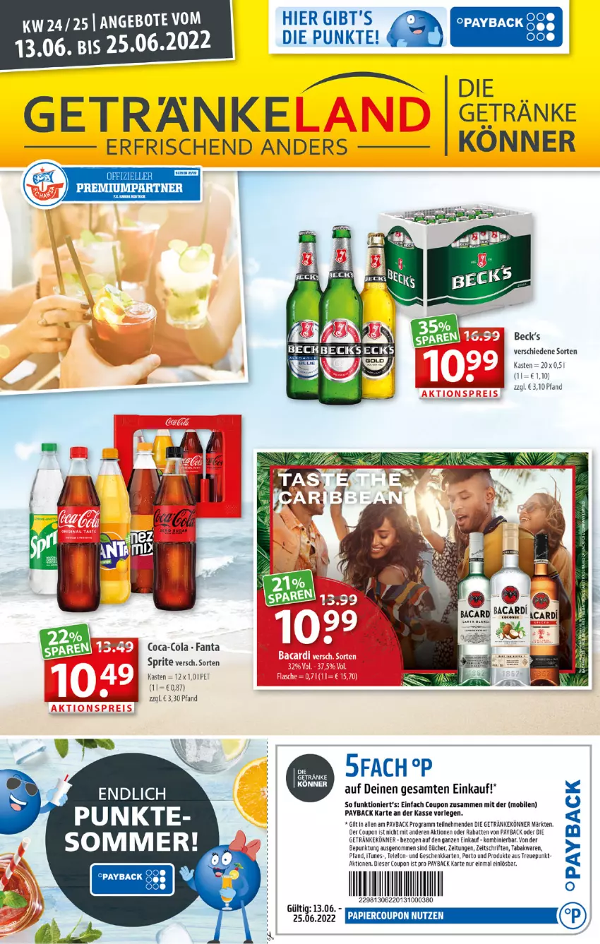 Aktueller Prospekt Getraenkeland - von 13.06 bis 25.06.2022 - strona 1 - produkty: angebot, angebote, coca-cola, cola, coupon, elle, fanta, getränk, getränke, payback, sprite, telefon, Ti