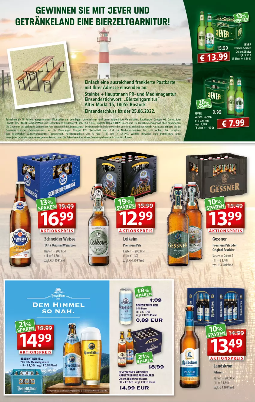 Aktueller Prospekt Getraenkeland - von 13.06 bis 25.06.2022 - strona 4 - produkty: aktionspreis, alkohol, Benediktiner, Berger, bier, Bierzeltgarnitur, eis, Elan, erde, garnitur, Gessner, getränk, getränke, gewinnspiel, gin, jever, LG, natur, pils, pilsner, premium pils, radeberger, reis, rwe, Ti, weck, weissbier, Zelt