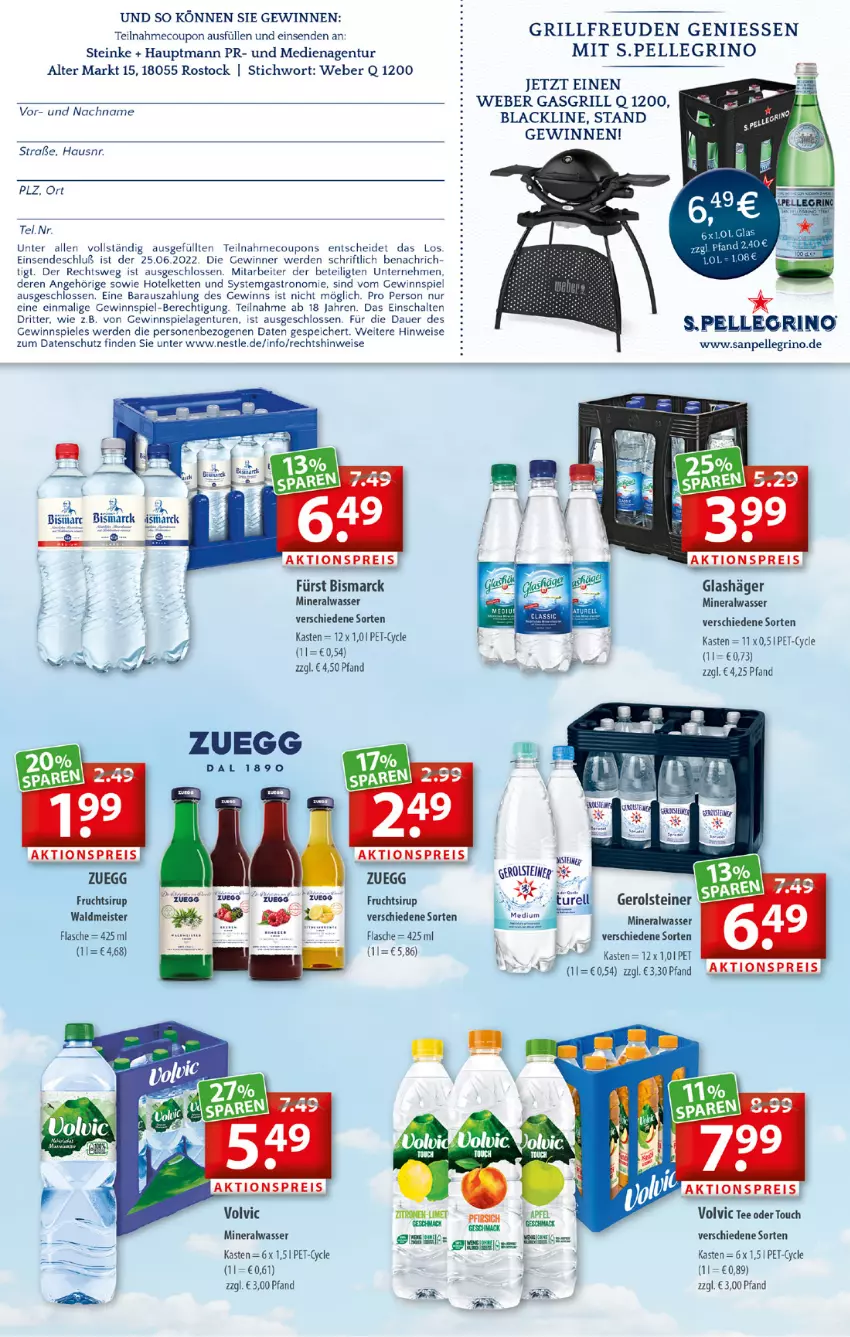 Aktueller Prospekt Getraenkeland - von 13.06 bis 25.06.2022 - strona 6 - produkty: aktionspreis, Alwa, auer, bismarck, coupon, coupons, eis, elle, erde, flasche, frucht, gasgrill, gerolsteine, gerolsteiner, gewinnspiel, grill, Kette, lack, mac, Meister, mineralwasser, reis, ritter, sanpellegrino, Schal, sirup, Spiele, steiner, tee, Ti, volvic, waldmeister, wasser, weber, zitrone, zitronen, zuegg