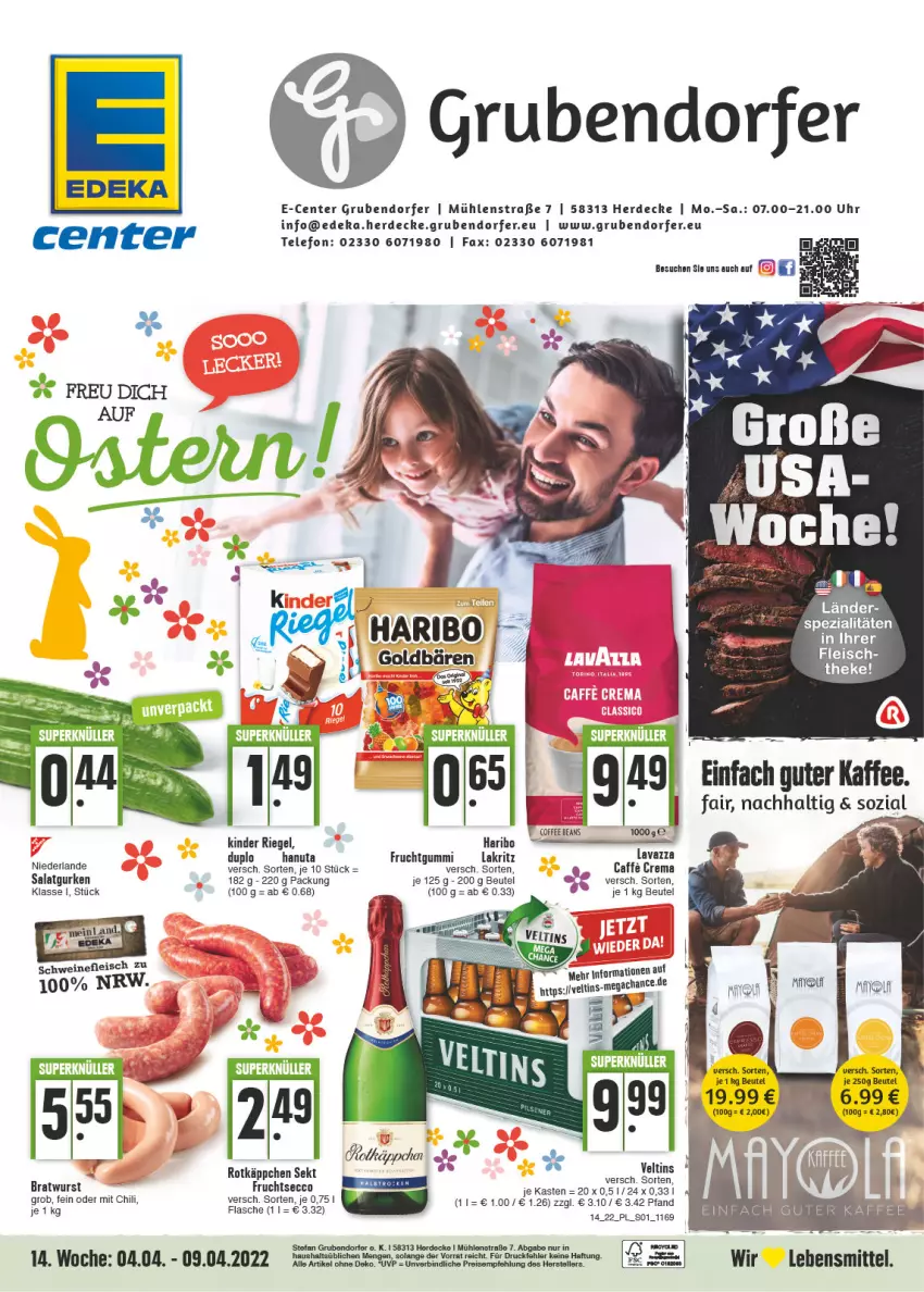 Aktueller Prospekt E Center - Angebote der Woche - von 04.04 bis 09.04.2022 - strona 1 - produkty: beutel, caffe, chili, decke, deka, duplo, eis, ente, erde, flasche, fleisch, frucht, fruchtgummi, gurke, gurken, hanuta, haribo, kaffee, Kinder, kinder riegel, Lakritz, lavazza, lebensmittel, riegel, rotkäppchen, salat, Salatgurke, salatgurken, schwein, schweine, schweinefleisch, sekt, Spezi, telefon, Ti, uhr, veltins, wein, weine, Yo