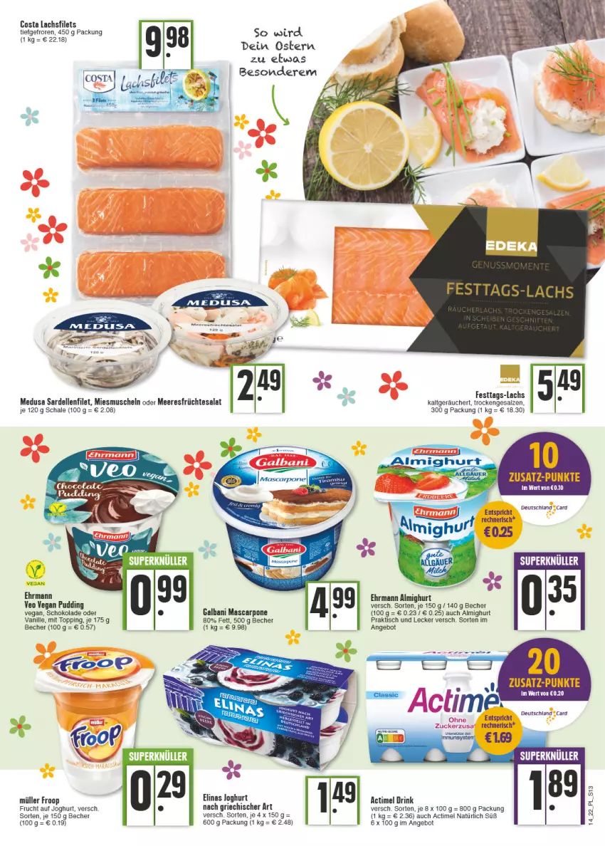 Aktueller Prospekt E Center - Angebote der Woche - von 04.04 bis 09.04.2022 - strona 13 - produkty: actimel, actimel drink, almighur, almighurt, angebot, Becher, dell, drink, ehrmann, ehrmann almighurt, elinas, elle, filet, filets, froop, frucht, früchte, galbani, joghur, joghurt, lachs, lachsfilet, lachsfilets, mascarpone, meeresfrüchte, Müller, müller froop, Muscheln, pudding, salat, salz, Sardellen, Schal, Schale, schoko, schokolade, tesa, Ti, tisch, vanille