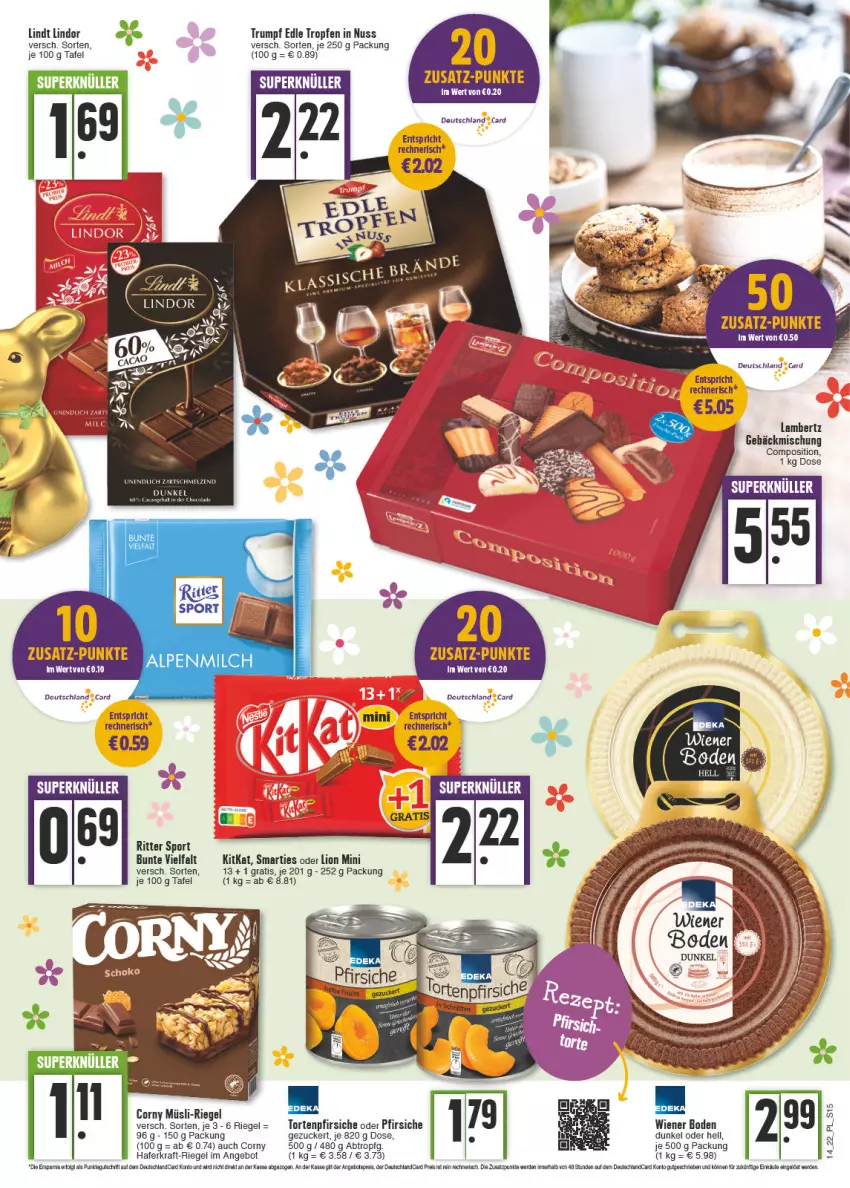 Aktueller Prospekt E Center - Angebote der Woche - von 04.04 bis 09.04.2022 - strona 15 - produkty: Amber, angebot, arlo, bier, corny, deutschland card, deutschlandcard, eis, erde, gebäckmischung, hafer, kitkat, kraft, lambertz, lindor, lindt, lion, müsli, nuss, oder pfirsiche, pfirsich, pfirsiche, pfirsiche oder, reis, Ria, riegel, ritter, ritter sport, rum, smarties, Sport, Ti, torte, wiener, wiener boden, zucker