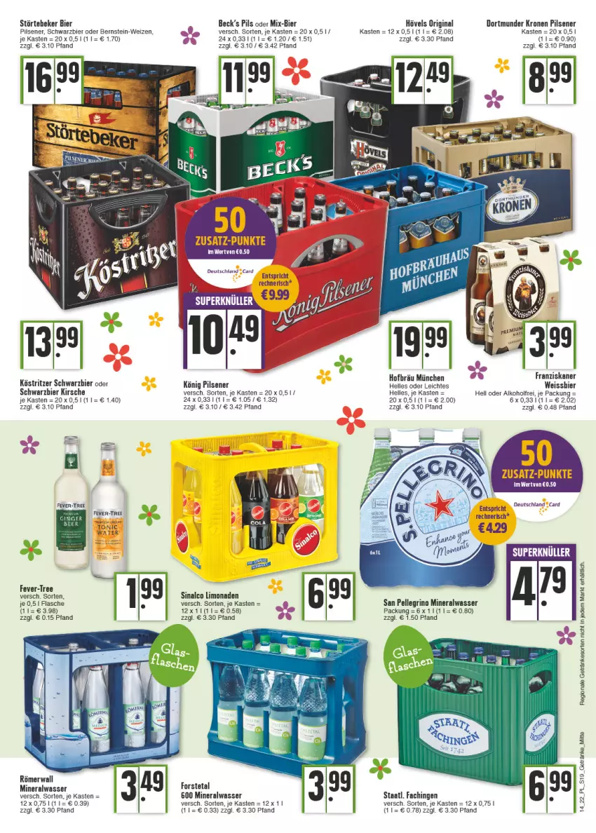 Aktueller Prospekt E Center - Angebote der Woche - von 04.04 bis 09.04.2022 - strona 19 - produkty: alkohol, Alwa, bier, deutschland card, eis, elle, fever-tree, flasche, Forstetal, franziskaner, getränk, getränke, gin, kirsch, kirsche, könig pilsener, krone, limo, limonade, limonaden, mineralwasser, pils, pilsener, san pellegrino, sinalco, Staatl. Fachingen, störtebeker, wasser, weissbier