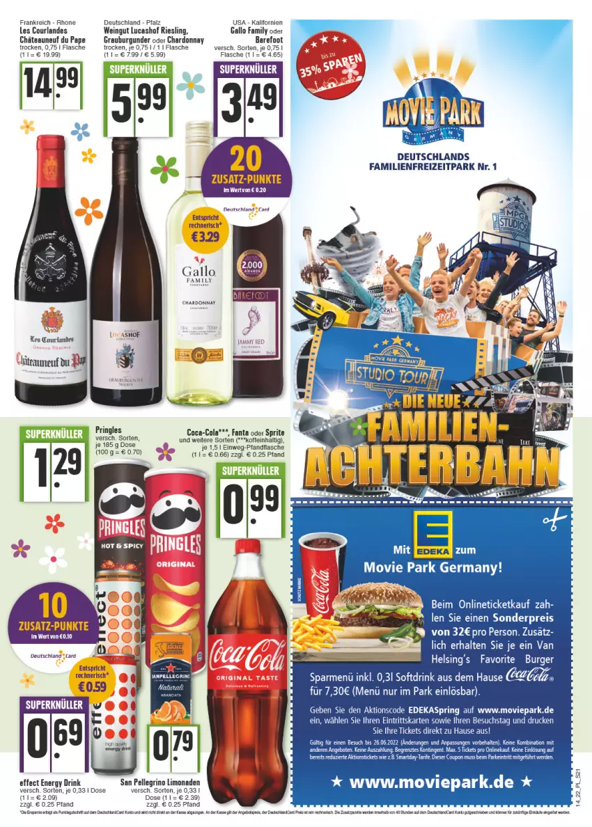 Aktueller Prospekt E Center - Angebote der Woche - von 04.04 bis 09.04.2022 - strona 21 - produkty: angebot, angebote, burger, burgunder, chardonnay, coca-cola, cola, coupon, deka, deutschland card, deutschlandcard, drink, Effect, eis, elle, energy drink, erde, fanta, fanta oder, fanta oder sprite, flasche, gallo, gallo family, Germ, grauburgunder, Kette, LG, limo, limonade, limonaden, oder sprite, pringles, reis, Ria, riesling, ring, san pellegrino, sprite, tee, Ti, wein, ZTE