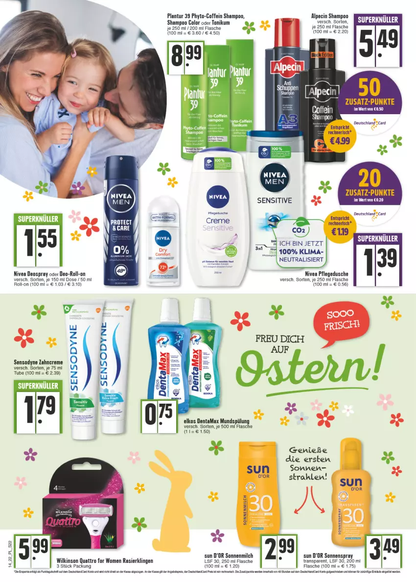 Aktueller Prospekt E Center - Angebote der Woche - von 04.04 bis 09.04.2022 - strona 22 - produkty: alpecin, arla, cin, coffein, creme, deo, deospray, deutschland card, deutschlandcard, dusche, eis, elkos, erde, flasche, milch, mundspülung, nivea, pflegedusche, Rasierklinge, rasierklingen, reis, Ria, roll-on, sensodyne, shampoo, sonnenmilch, sonnenspray, spülung, tee, Ti, tuc, wilkinson, zahncreme