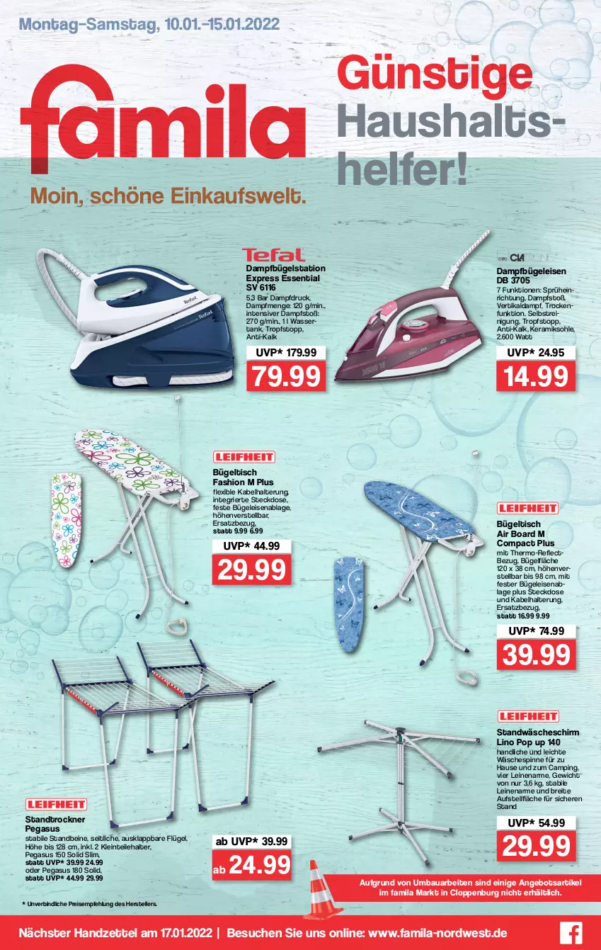 Aktueller Prospekt Famila - Prospekte - von 10.01 bis 15.01.2022 - strona 1 - produkty: angebot, asus, Bau, Brei, bügel, Bügeleisen, Bügelstation, bügeltisch, dampfbügeleisen, dampfbügelstation, eis, elle, leine, Reinigung, reis, steckdose, teller, Ti, tisch, Trockner, wäscheschirm, wäschespinne, wasser